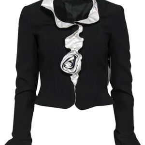 Satin Trim Ruffle Top Blazer Black Exquisite Carmen Marc Valvo Sz 10
